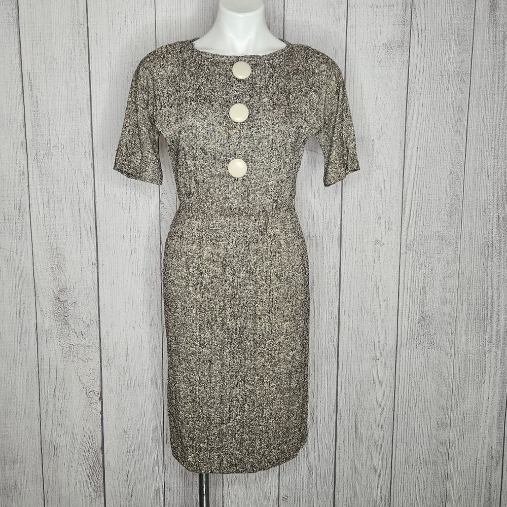 VTG 50s 60s JOHN NORMAN Brown/Cream Boucle Large Button Midi Dress, sz Small